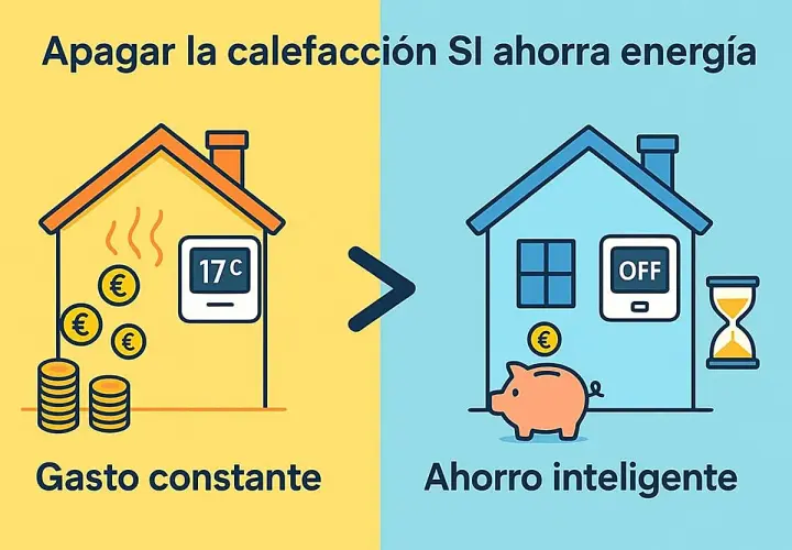 Apagar la calefacción genera ahorro energético en casa. Una casa con calefacción a 17°C y monedas frente a una casa con calefacción apagada, hucha y reloj de arena.