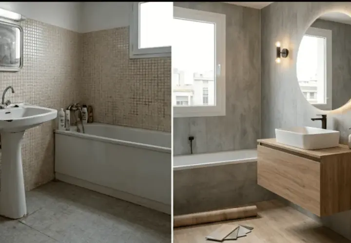 Baño renovado sin quitar azulejos: antes y después. Moderno lavabo flotante, espejo circular con luz y paredes con efecto cemento.