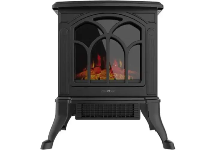 Chimenea eléctrica negra con efecto de leña ardiendo, ideal para aprovechar su diseño y calidez para calefacción.