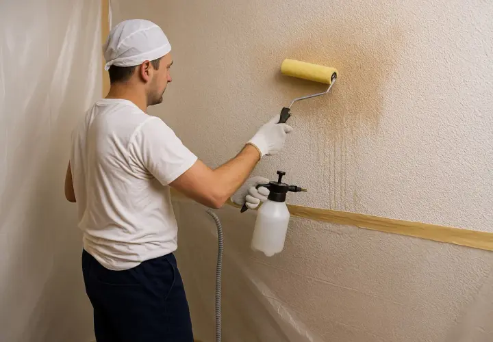 Hombre con rodillo y pulverizador aplica producto para quitar gotele de la pared.