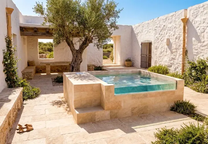 Piscina de obra pequeña con paredes de cristal, rodeada de piedra y un olivo. Ideal para aprender como hacer una piscina de obra pequeña.