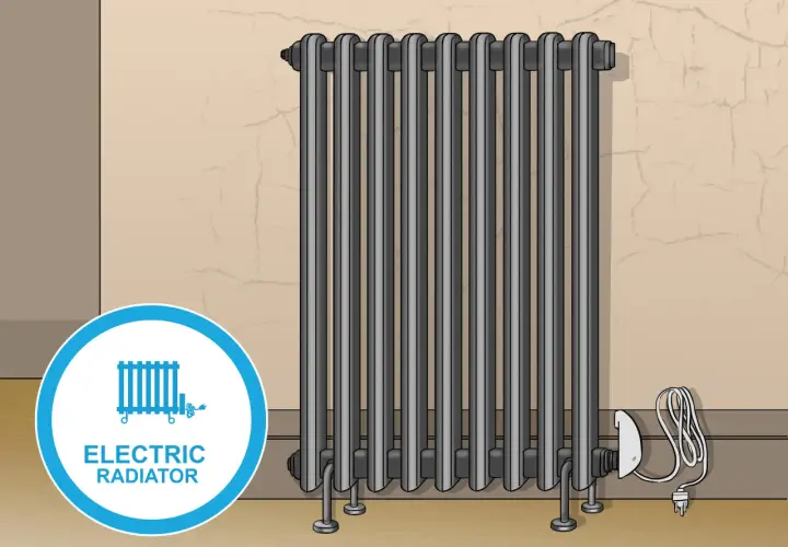 Radiador eléctrico gris con cable y enchufe. El radiador se abre hacia la derecha.