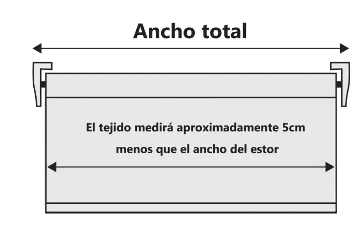 Diagrama para saber como colocar un estor plegable. El tejido mide 5cm menos que el ancho total.