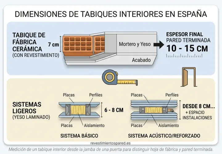 Comparativa de grosores de tabiques interiores: fábrica cerámica (10-15 cm) y sistemas ligeros de yeso laminado (desde 6-8 cm), mostrando el grosor tabique pladur.