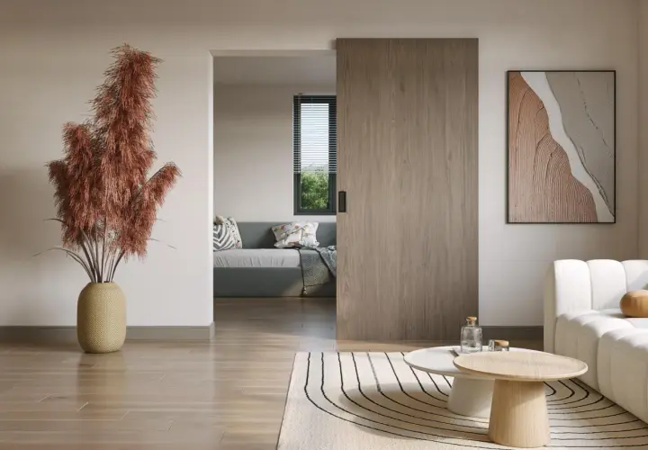 Instalar puerta corredera empotrada en un salón moderno con sofá gris, mesa de centro y planta decorativa.