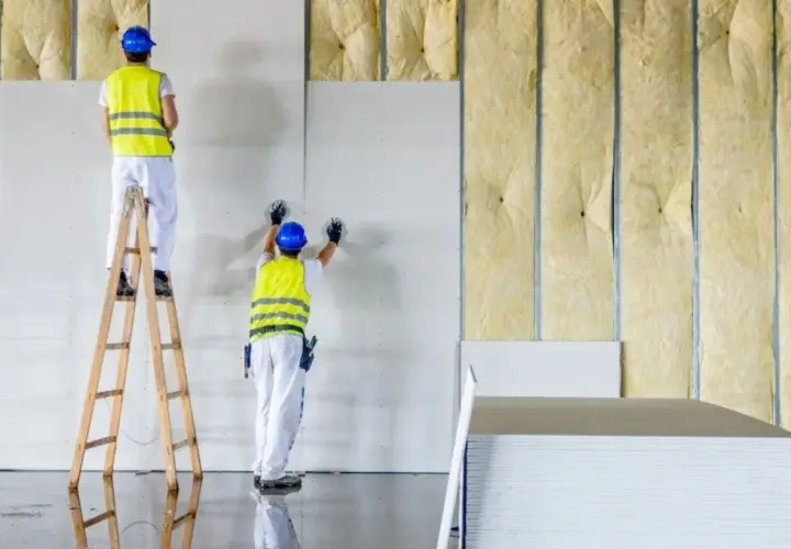 Trabajadores instalan paneles de yeso sobre materiales de aislamiento acustico, creando un ambiente más silencioso.