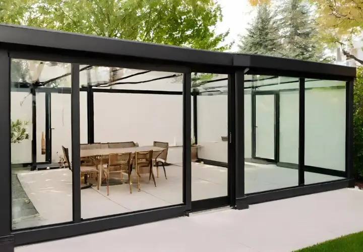 Modernos cerramientos de ventanas de cristal con estructura negra, creando un comedor exterior con mesa y sillas.