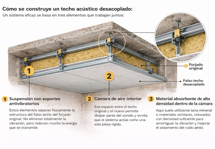 Detalle de cómo insonorizar un techo con suspensión antivibratoria, cámara de aire y material absorbente.