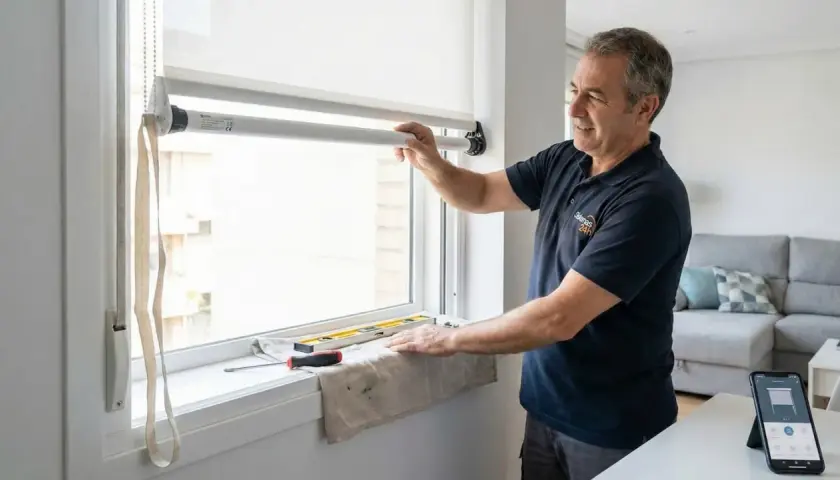 Técnico instalando motor para automatizar persianas eléctricas. Herramientas y móvil con app de control a la vista.