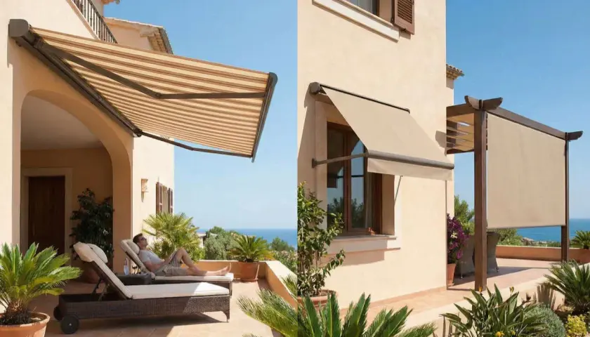 Disfruta del sol con estos tipos de toldos para patios: uno a rayas sobre tumbonas y otro beige sobre una ventana.
