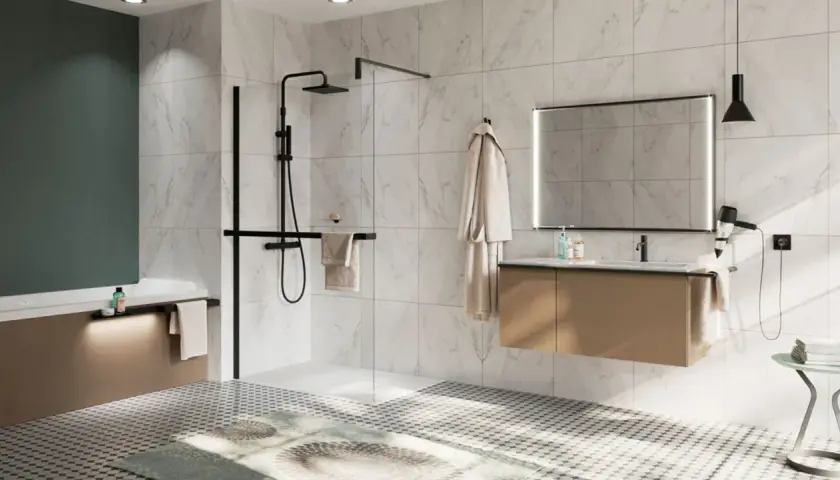 Moderno baño con ducha a ras de suelo, ideal para cambiar plato de ducha por otro a ras de suelo. Mármol, madera y detalles negros.