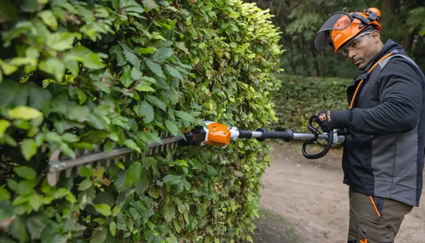 Hombre con equipo de protección realizando la poda de setos con una cortasetos eléctrica.