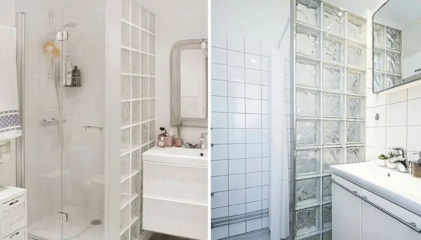 Ducha con mampara de cristal y pared de bloques de vidrio, ideal para evitar problemas de salpicaduras.