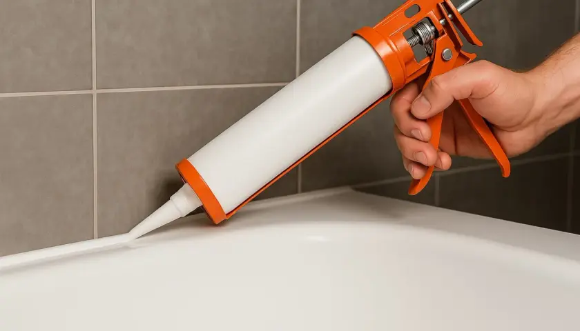 Mano aplicando silicona con pistola para sellar junta de bañera. Guía visual de como poner silicona en la ducha.