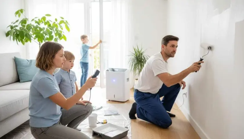 Familia pintando su casa para combatir la humedad. El padre pinta la pared, la madre y los niños observan.