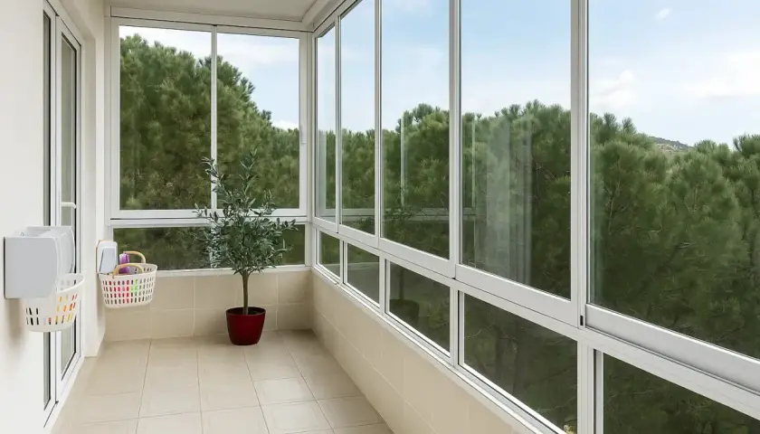 Balcones cerrados con ventanales que ofrecen vistas a un bosque de pinos. Una planta de olivo y cestas de almacenamiento añaden un toque hogareño.
