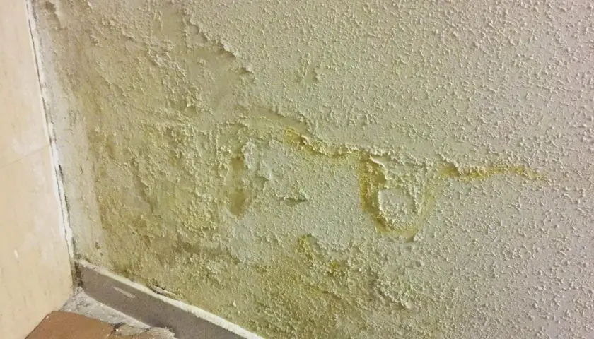 Pintura descascarada y manchas amarillas en una pared, indicando varios tipos de humedad en paredes.