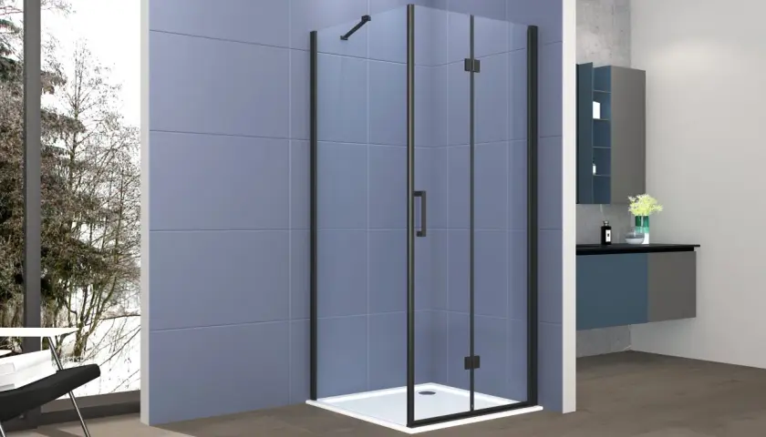 Mampara de ducha de esquina con perfilería negra, lista para instalar. Un diseño moderno para tu baño.