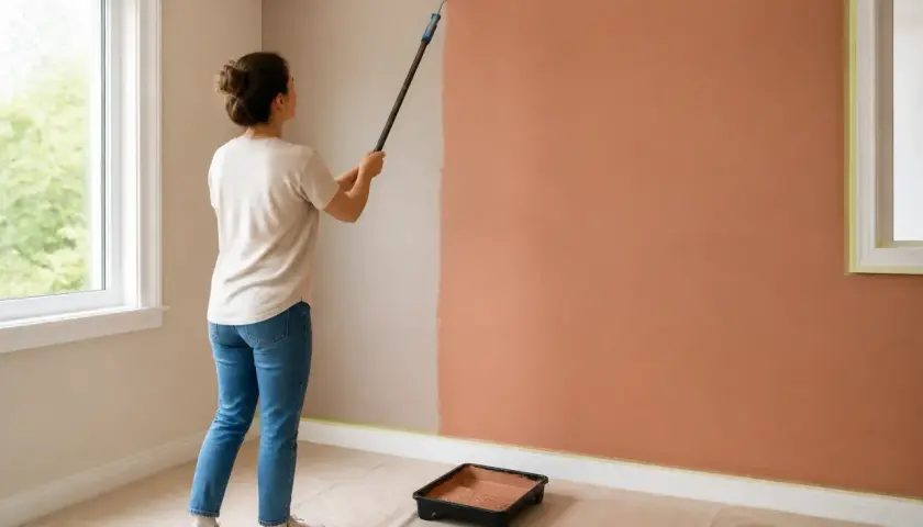 Mujer pintando una pared de color terracota con rodillo. Aprende como pintar paredes y transforma tu hogar.