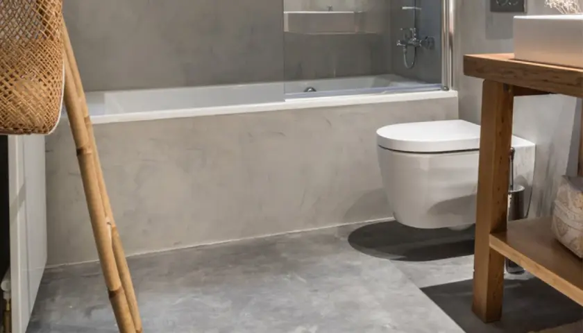 Baño moderno con bañera, inodoro suspendido y lavabo de madera. Averigua cuanto cuesta poner una bañera.