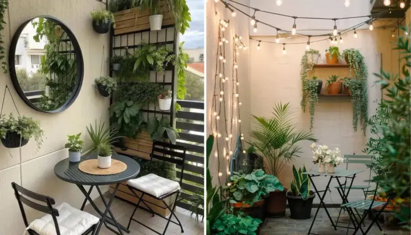 Ideas para decoracion terrazas pequeñas: balcón con mesa y sillas, espejo y plantas; otro con luces y muchas plantas.