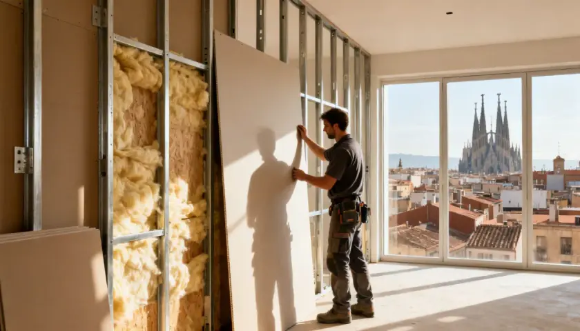 Obrero instala una hoja de pared de pladur en una obra, con aislamiento visible y vistas a la Sagrada Familia.
