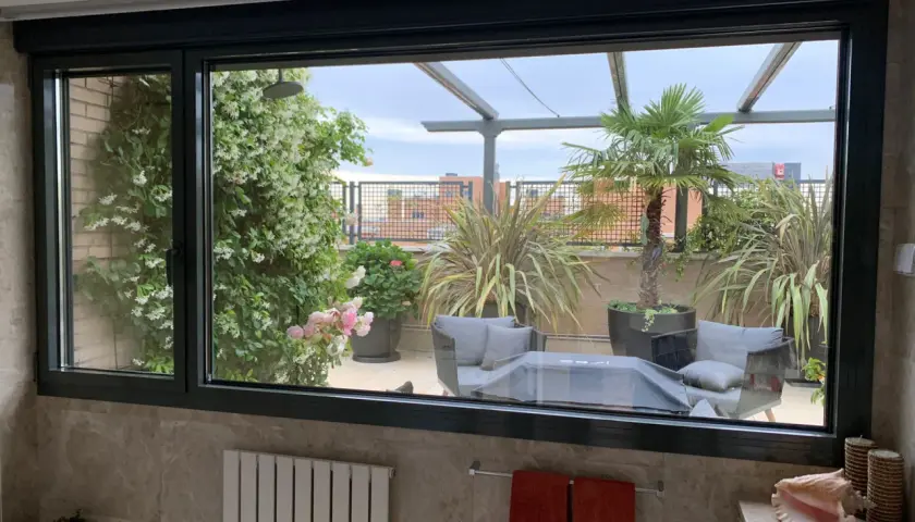 Ventana con perfil de aluminio negro, vista a terraza con plantas y mobiliario. ¿Cual es el mejor perfil de aluminio para ventanas?