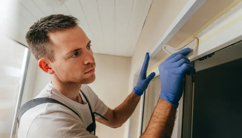 Hombre con guantes azules usa herramienta para quitar silicona de mampara.