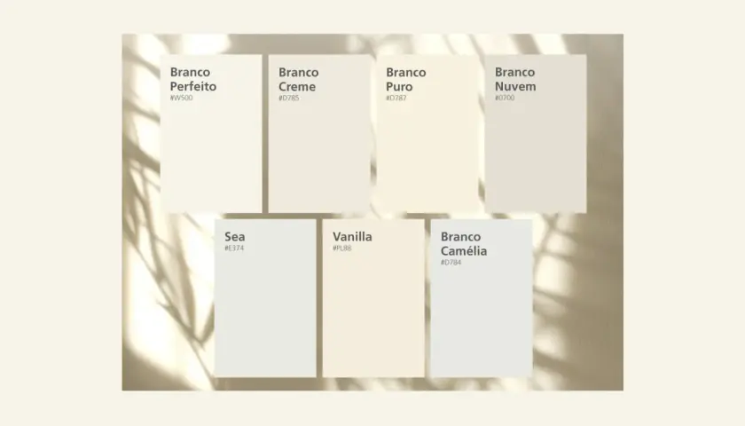 Paleta de tipos de blanco pintura pared: Branco Perfeito, Creme, Puro, Nuvem, Sea, Vanilla y Camélia.