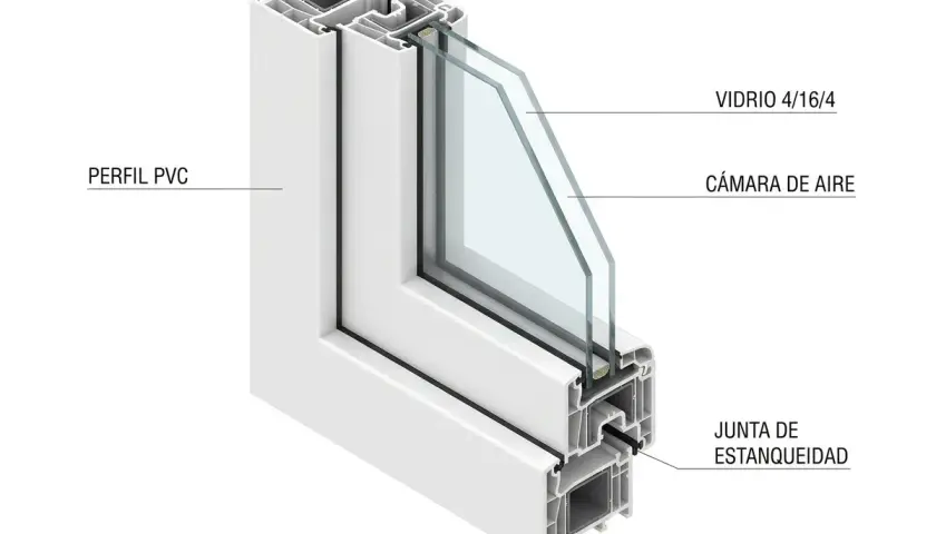 Corte de ventana PVC con doble acristalamiento y junta de estanqueidad. Ideal para el plan renove ventanas Comunidad de Madrid.