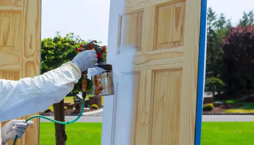 Persona con guantes y traje protector aplica pintura blanca a una puerta de madera con spray. Proceso de como lacar puertas barnizadas.