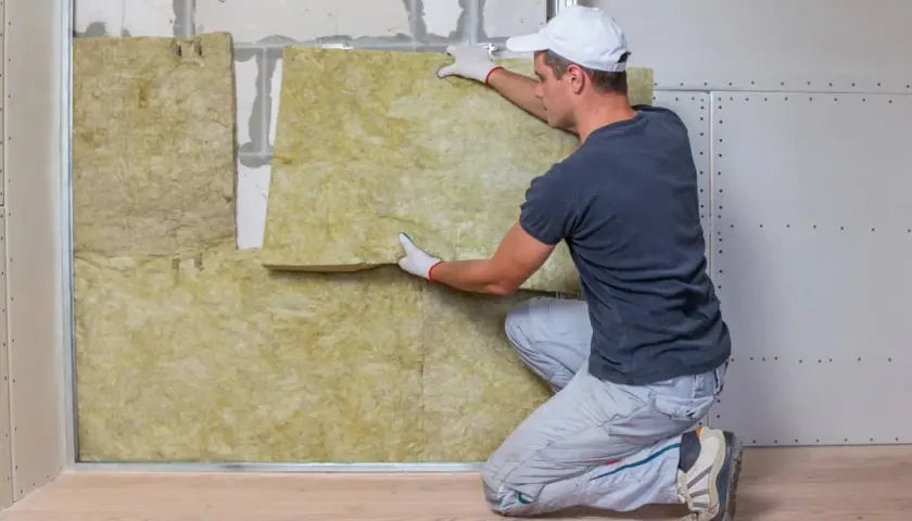 Obrero instala material aislante para aislar paredes del frío. La lana mineral se coloca entre perfiles metálicos.