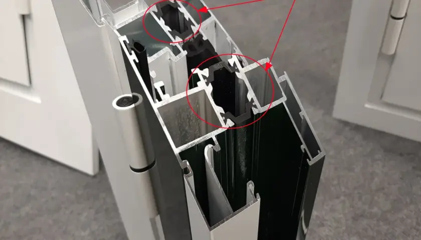 Detalle de corte en perfilería RTP de ventana con rotura de puente térmico. Se aprecian las cámaras aislantes.