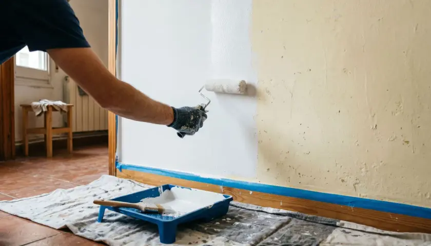 Persona aplicando pintura blanca con rodillo en pared, mostrando cómo hacer gotele con rodillo. Bandeja con pintura y brocha en el suelo.