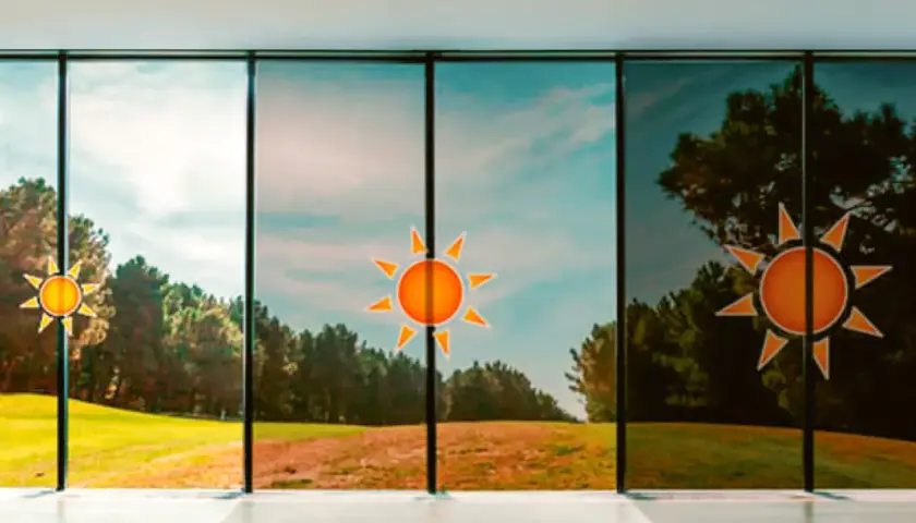 Ventana con **cristales que se oscurecen con el sol**, mostrando un paisaje de campo y árboles.