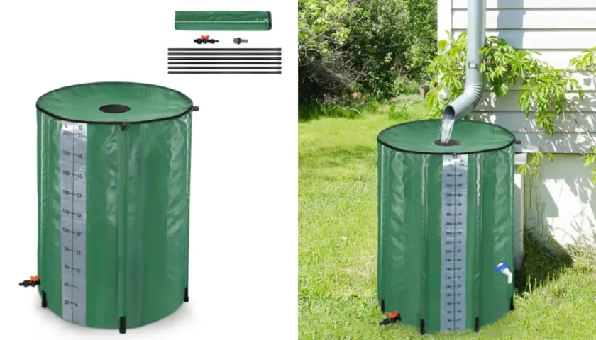 Barril verde para recoger agua de lluvia, con medidor de nivel. Se muestra vacío y recibiendo agua de un canalón.