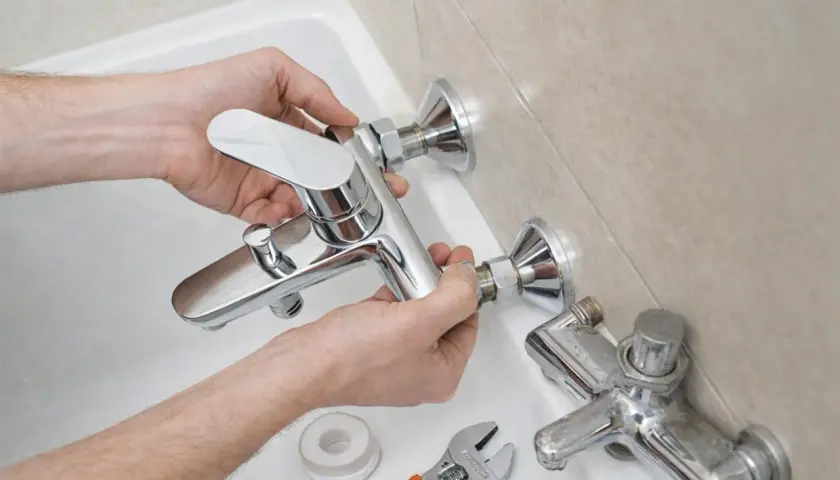 Man installing a new shiny grifo bañera. A wrench and tape are nearby.