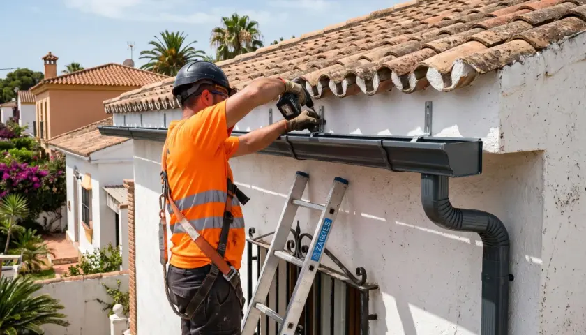 Trabajador en altura realizando la instalacion de canalones en una casa con tejas.