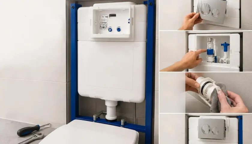 Instalación de cisterna empotrada. Si el vater pierde agua, aquí se muestra cómo acceder y reparar el mecanismo de descarga.
