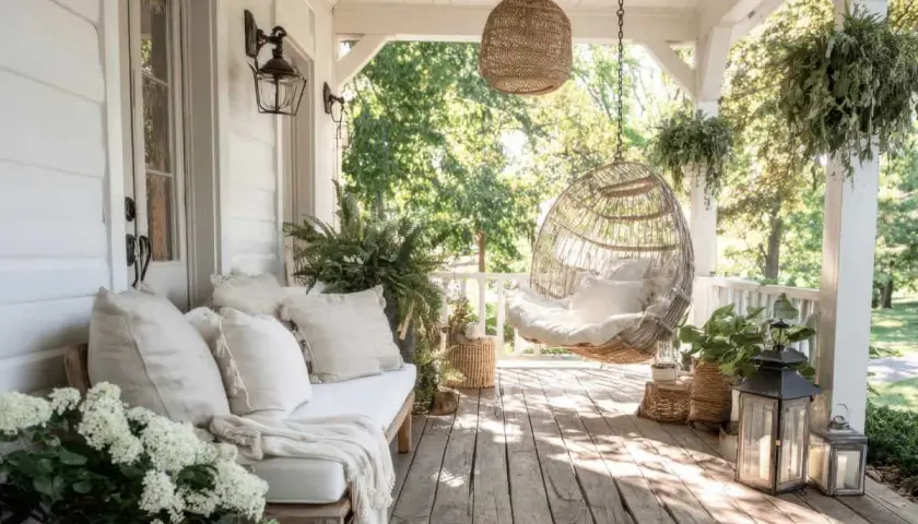 Ideas para decorar un porche cerrado: un banco acogedor, una silla colgante de mimbre y plantas crean un oasis de paz.