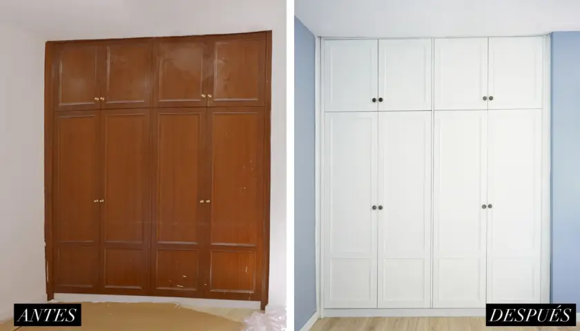 Antes y después de pintar armarios empotrados. Un cambio radical de madera oscura a blanco luminoso.