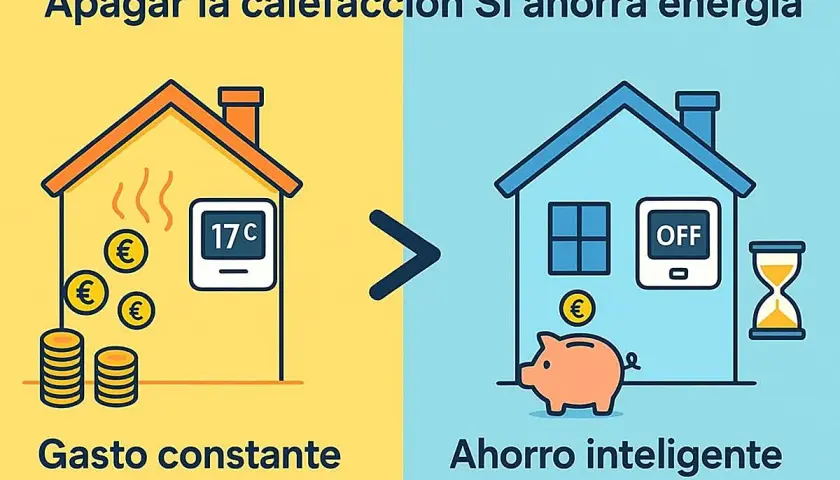 Apagar la calefacción genera ahorro energético en casa. Una casa con calefacción a 17°C y monedas frente a una casa con calefacción apagada, hucha y reloj de arena.