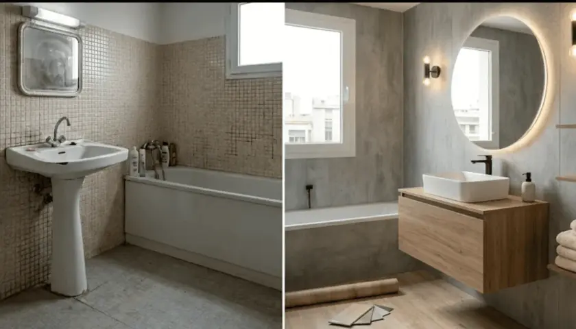 Baño renovado sin quitar azulejos: antes y después. Moderno lavabo flotante, espejo circular con luz y paredes con efecto cemento.