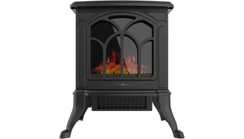 Chimenea eléctrica negra con efecto de leña ardiendo, ideal para aprovechar su diseño y calidez para calefacción.