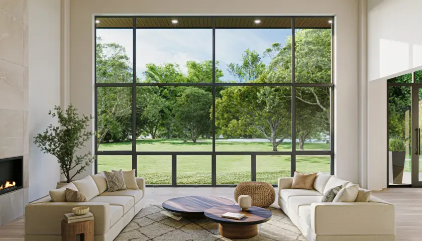 Salón moderno con sofás blancos y chimenea, enmarcado por amplias paredes de cristal que ofrecen vistas a un exuberante jardín verde.