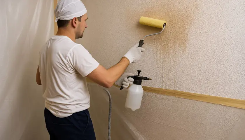 Hombre con rodillo y pulverizador aplica producto para quitar gotele de la pared.