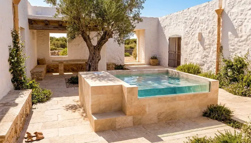 Piscina de obra pequeña con paredes de cristal, rodeada de piedra y un olivo. Ideal para aprender como hacer una piscina de obra pequeña.