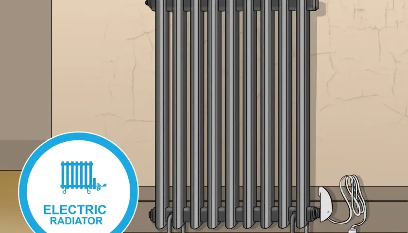 Radiador eléctrico gris con cable y enchufe. El radiador se abre hacia la derecha.
