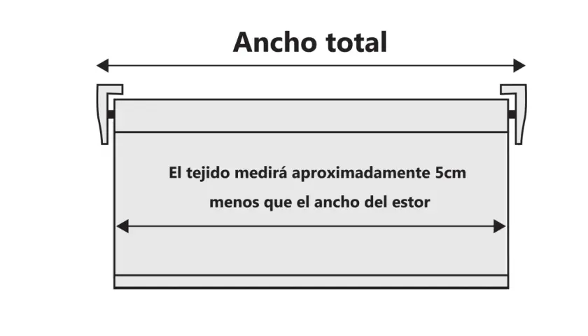 Diagrama para saber como colocar un estor plegable. El tejido mide 5cm menos que el ancho total.
