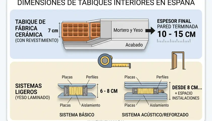 Comparativa de grosores de tabiques interiores: fábrica cerámica (10-15 cm) y sistemas ligeros de yeso laminado (desde 6-8 cm), mostrando el grosor tabique pladur.
